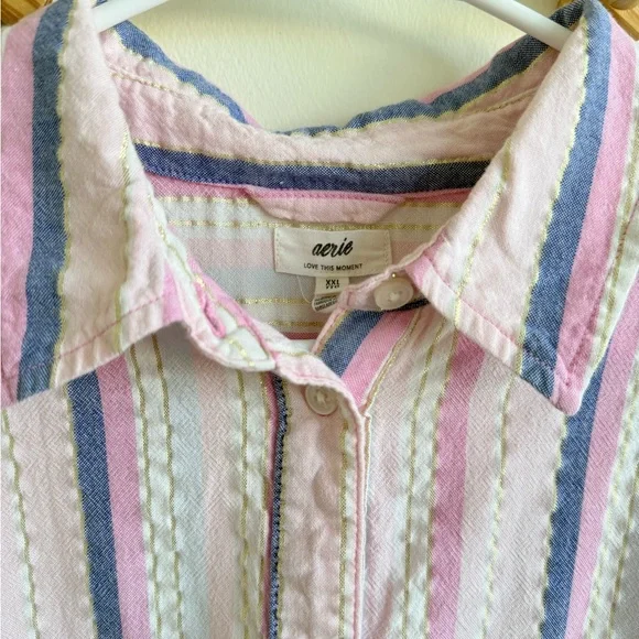 Aerie off Duty Poplin Stripe Pajama Shirt - Picture 3 of 5
